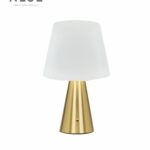 Neje Lighting | Aria : Sculptural Minimalism for Modern Luxury Interiors Close-up of Aria gold touch sensor lamp showing the high-fidelity pleated fabric shade and flicker-free warm white LED glow.