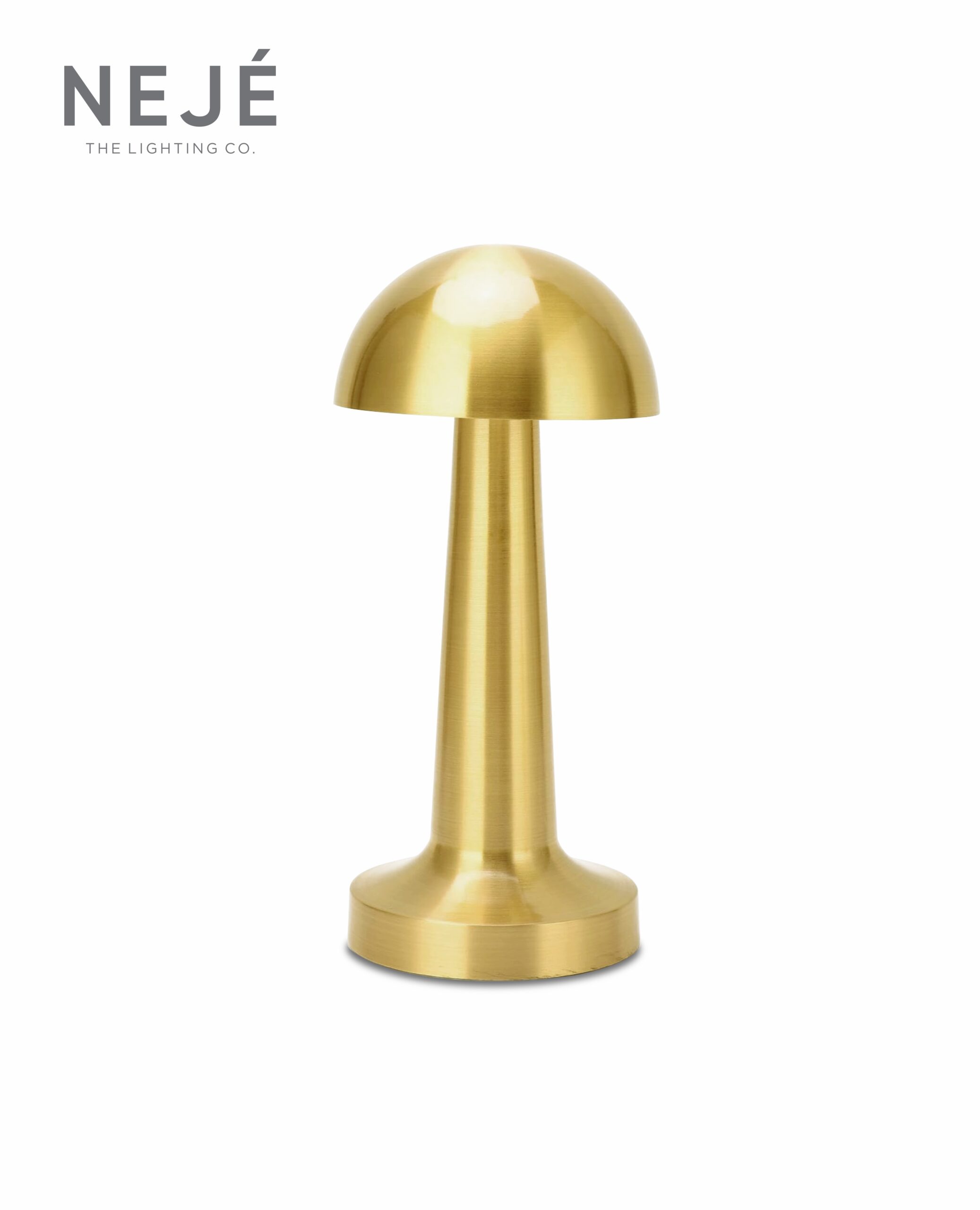 Neje Lighting | Domea : Signature Cordless Elegance & Precision Dimming Domea gold touch sensor lamp emitting a warm 3000K ambient glow on a minimalist textured surface, ideal for luxury Indian bedrooms.