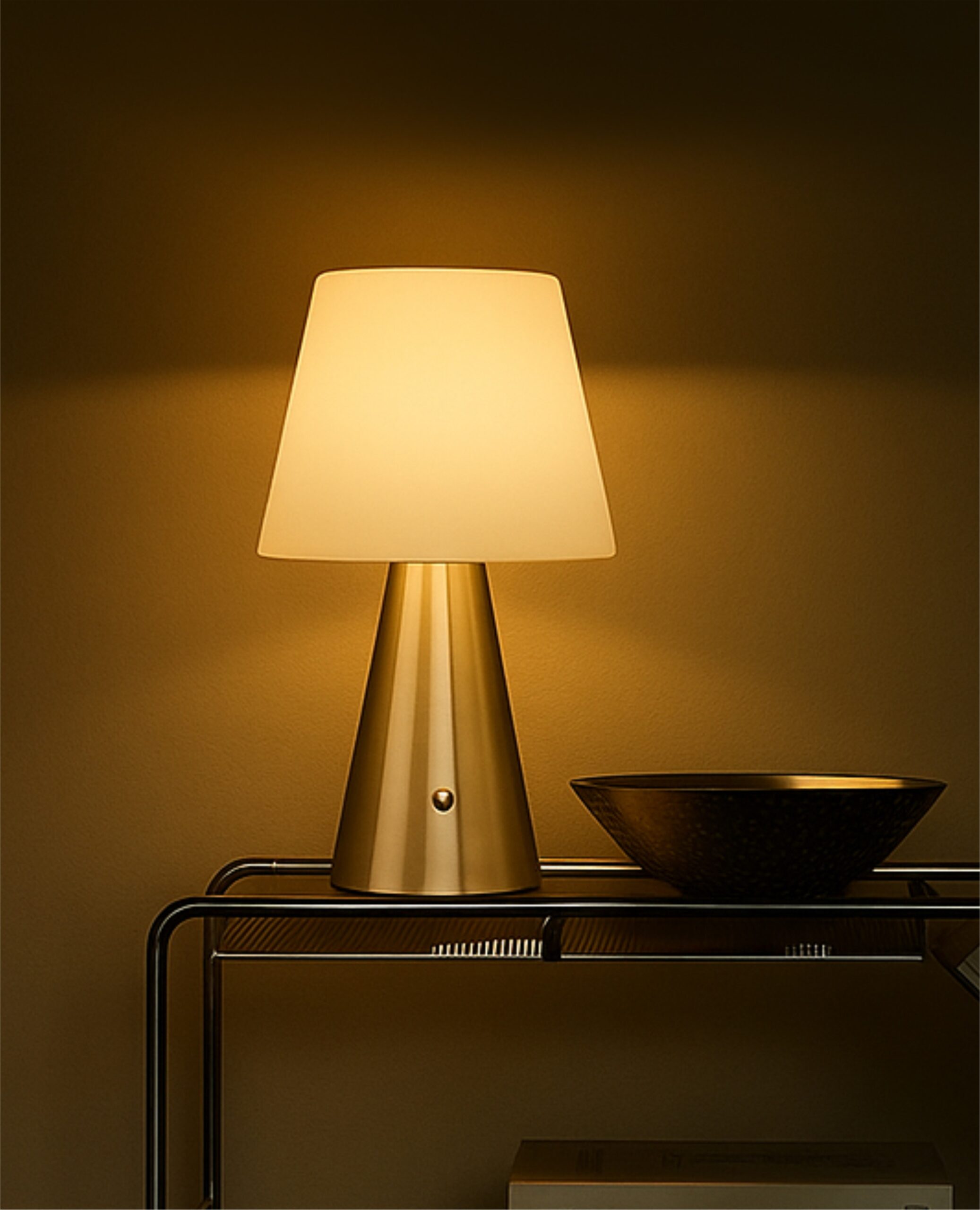 Neje Lighting | Aria : Sculptural Minimalism for Modern Luxury Interiors Close-up of Aria gold touch sensor lamp showing the high-fidelity pleated fabric shade and flicker-free warm white LED glow.