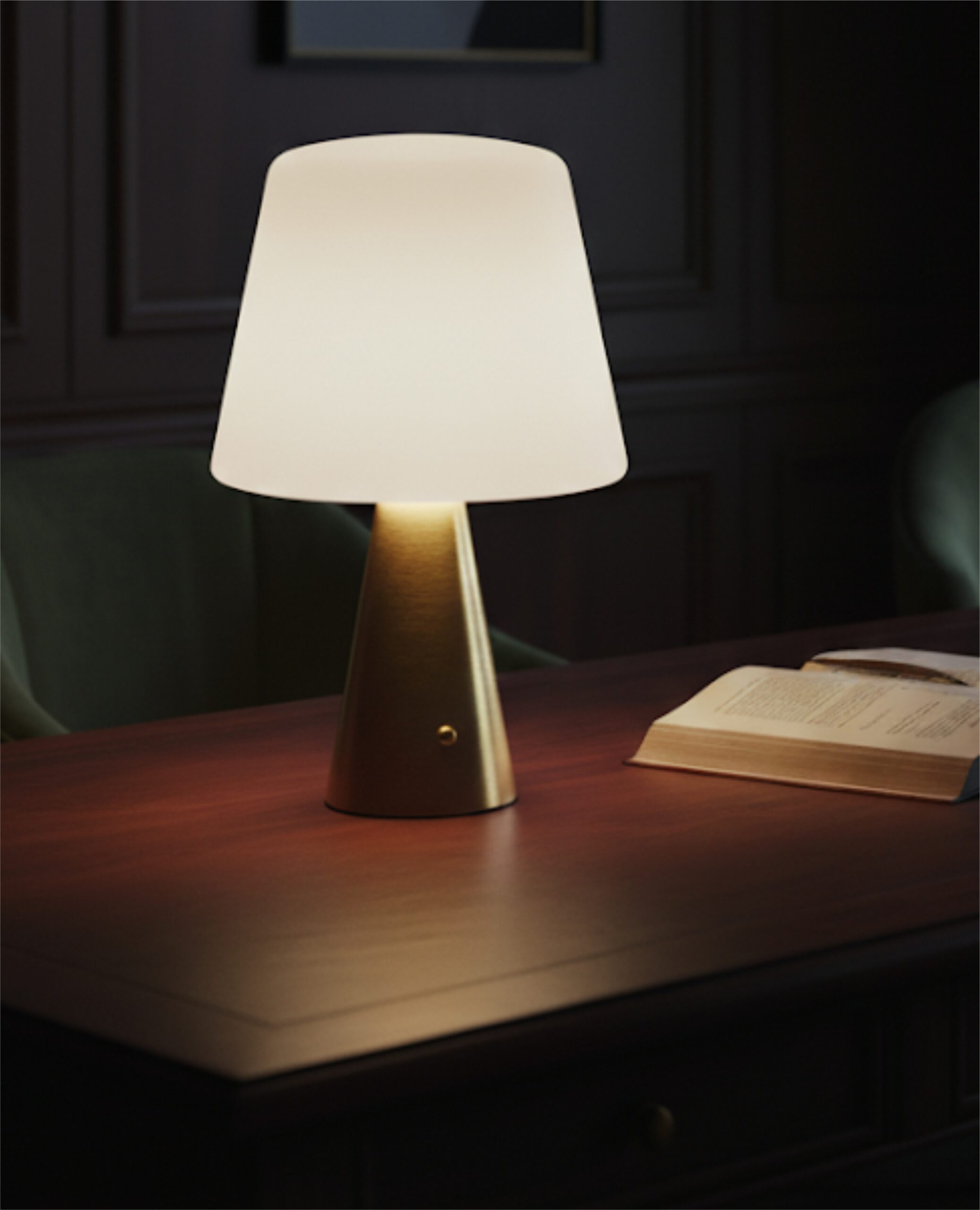 Neje Lighting | Aria : Sculptural Minimalism for Modern Luxury Interiors Close-up of Aria gold touch sensor lamp showing the high-fidelity pleated fabric shade and flicker-free warm white LED glow.