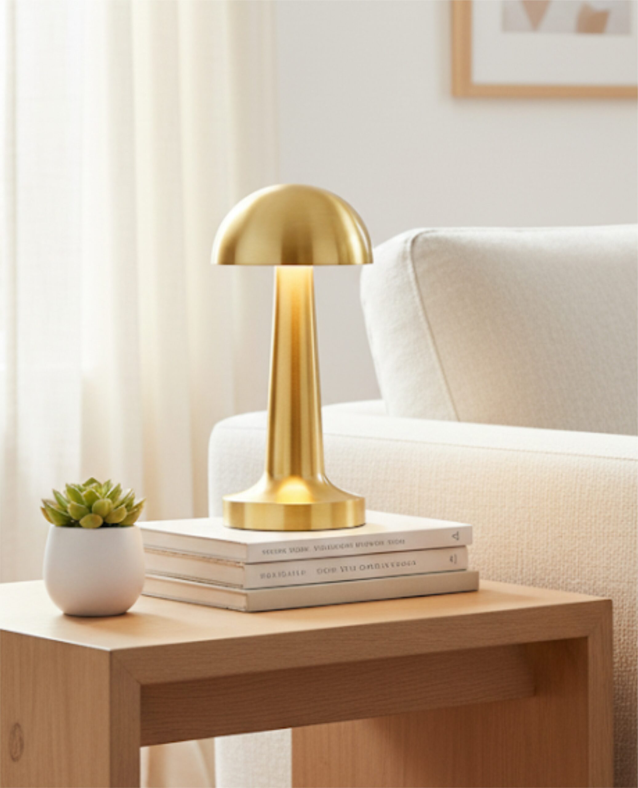 Neje Lighting | Domea Series: Signature Cordless Elegance & Precision Dimming Domea gold touch sensor lamp emitting a warm 3000K ambient glow on a minimalist textured surface, ideal for luxury Indian bedrooms.