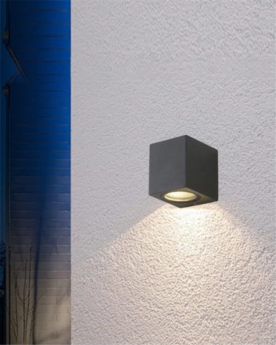 One Way Cube Wall Light: Modern black architectural exterior LED fixture for luxury Indian home facades.