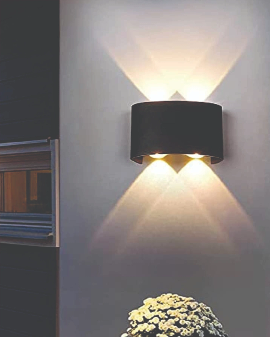 4 Way Curve Wall Light: Modern black 4-directional LED exterior lamp with IP65 waterproofing for luxury elevation lighting in India.