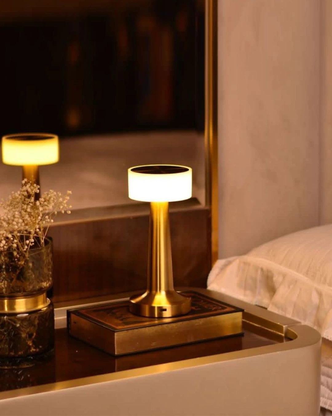 Helios Touch Lighting Lamp: Modern gold cordless table lamp with smart touch dimming and wellness-focused LED warm glow for luxury Indian bedrooms.