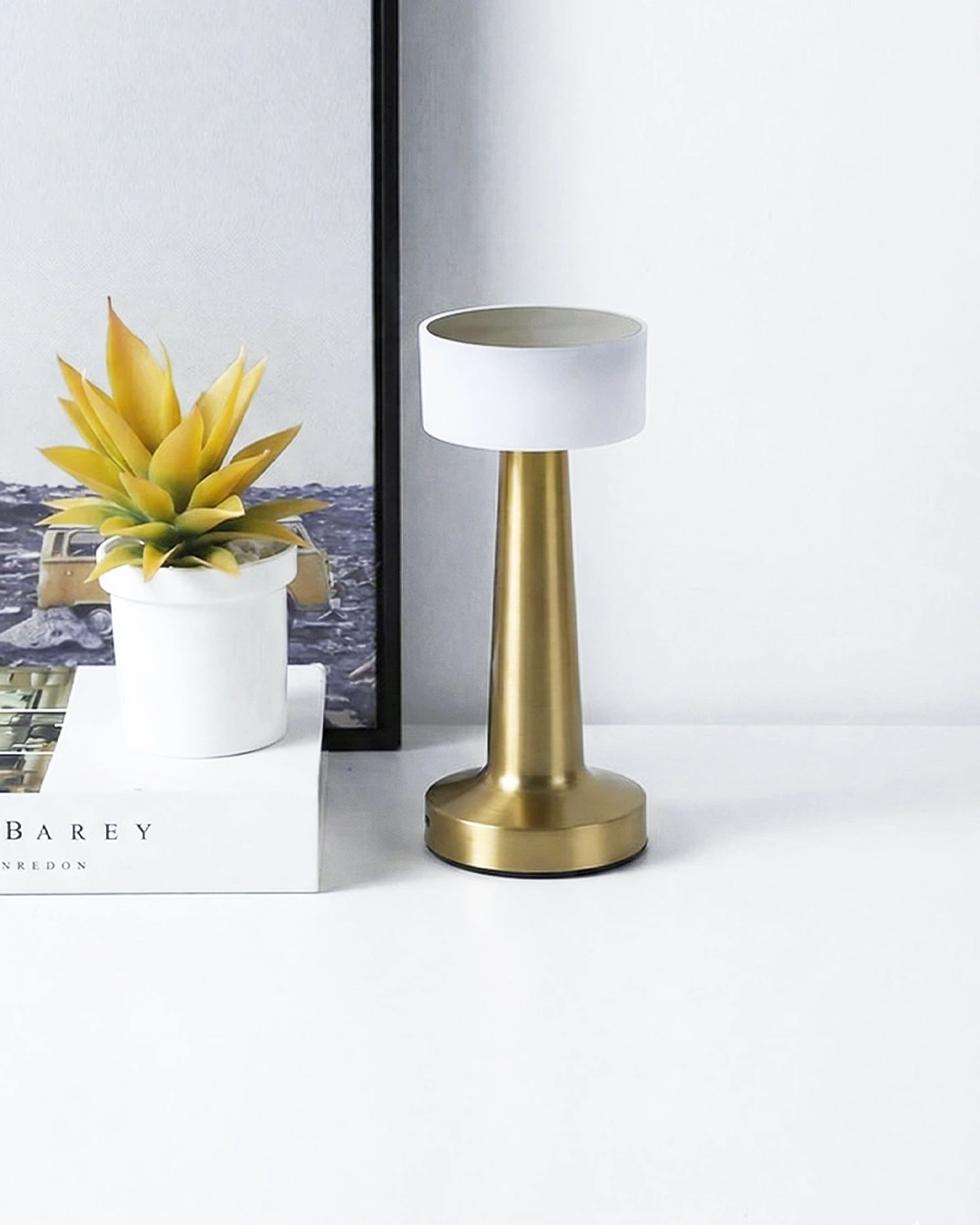 Helios Touch Lighting Lamp: Modern gold cordless table lamp with smart touch dimming and wellness-focused LED warm glow for luxury Indian bedrooms.