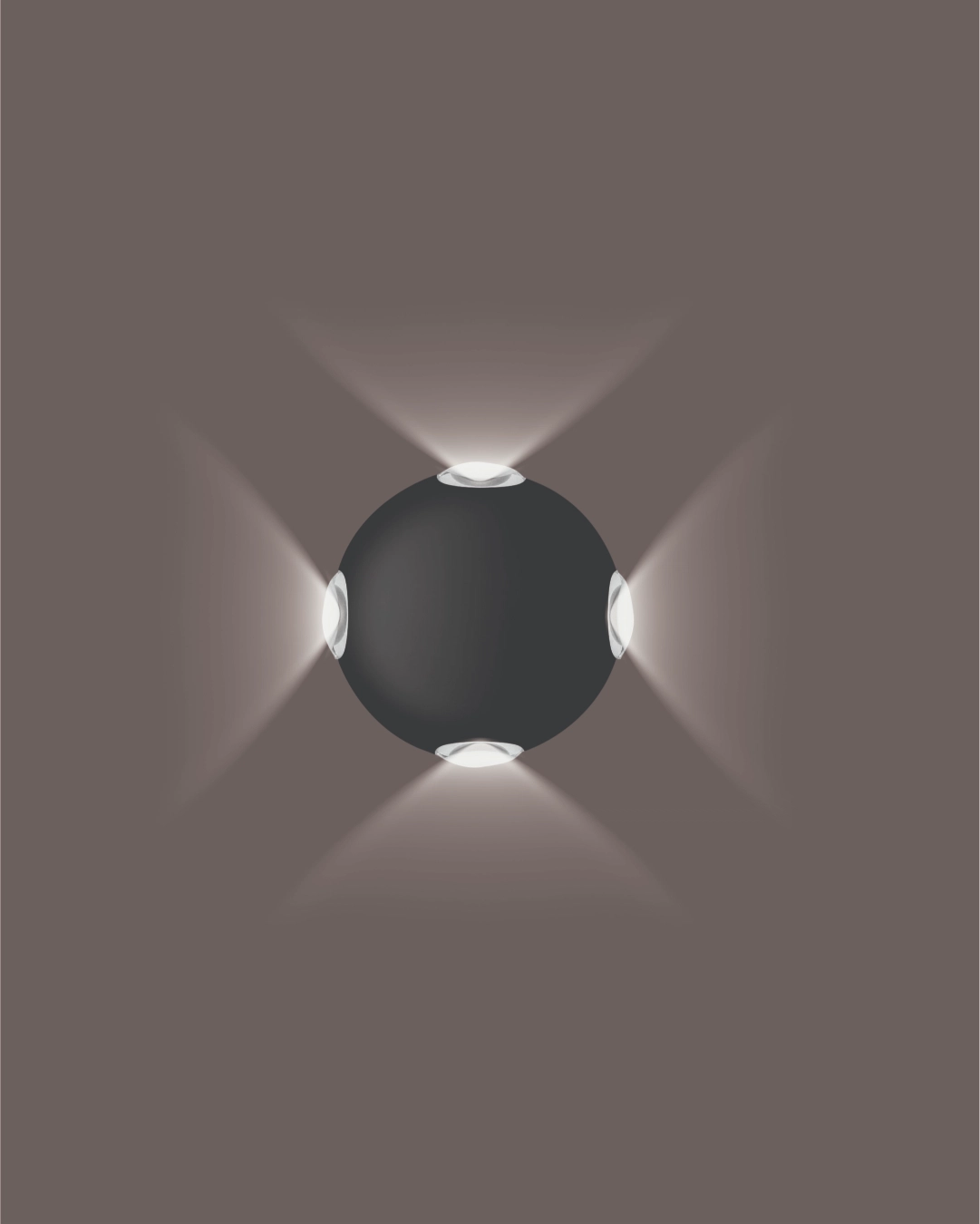 Round Four Way Wall Light: Modern black 4-way LED exterior fixture with IP65 waterproof rating for luxury elevation lighting in India.