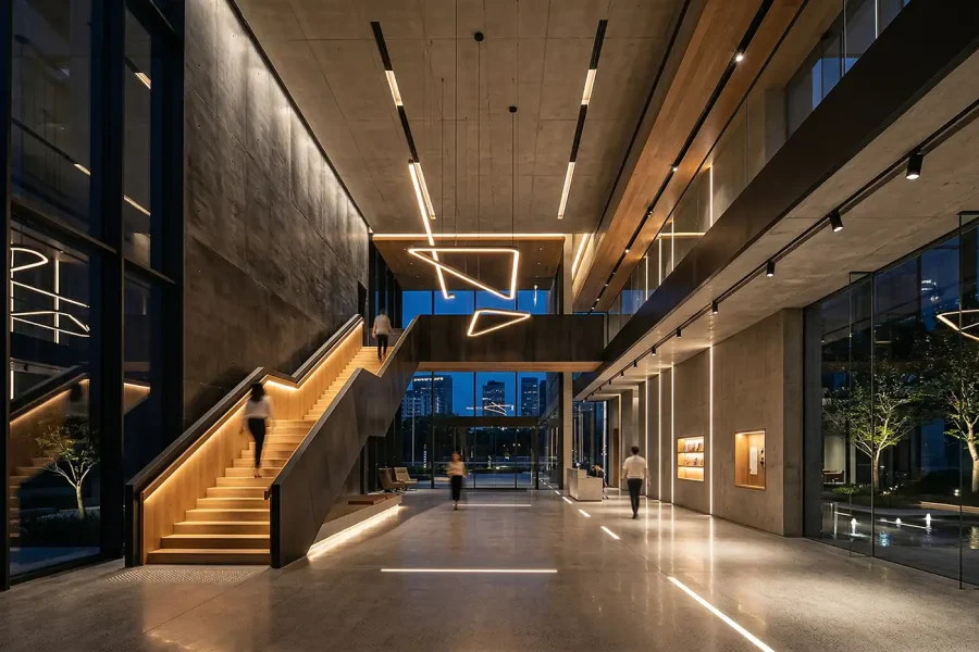 Premium architectural lighting design in modern commercial lobby with linear LED luminaires, staircase lighting, and ambient illumination