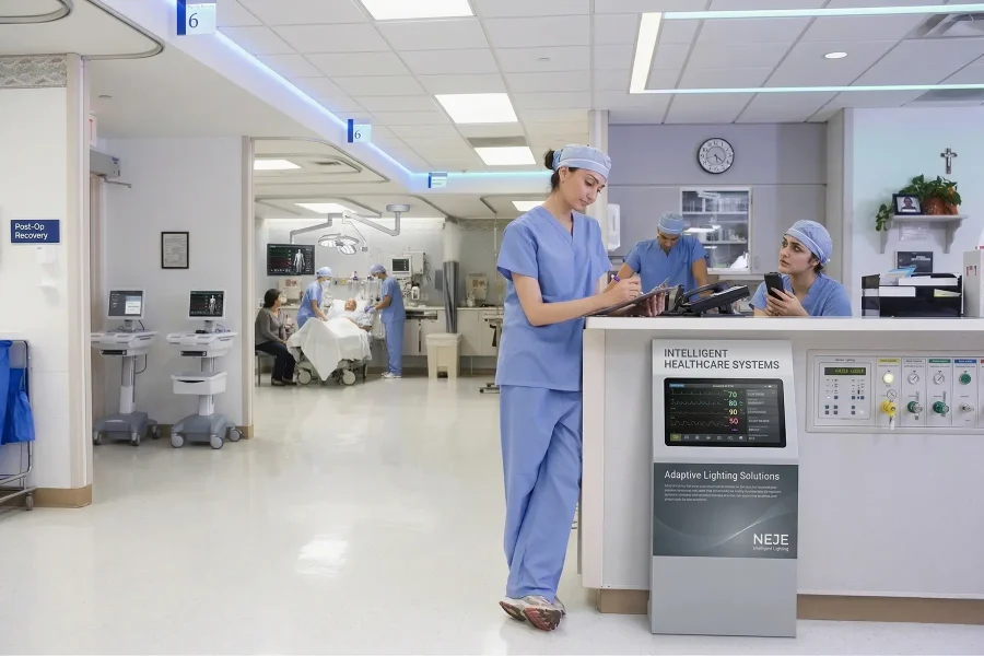 Advanced healthcare lighting solutions in modern hospital with LED luminaires, glare-free illumination, and precision lighting for medical environments