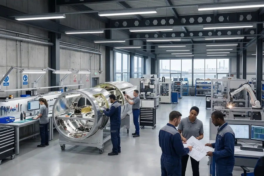 Modern factory with high bay LED lighting, linear fixtures, and task lighting for precision work