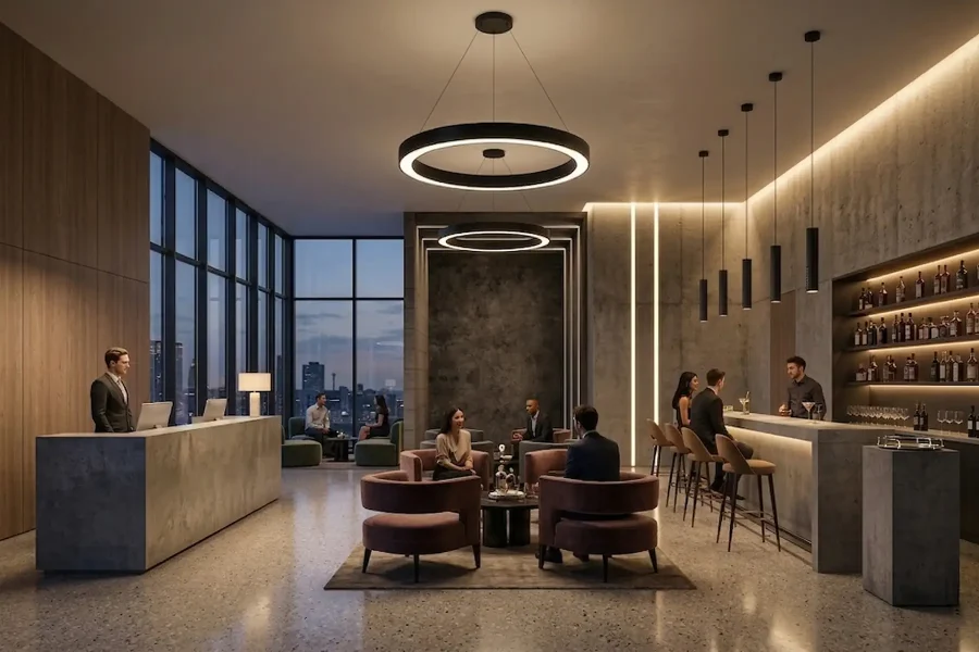 Luxury hospitality lighting in modern bar and lounge with architectural LED lighting, pendant luminaires, and ambient illumination design