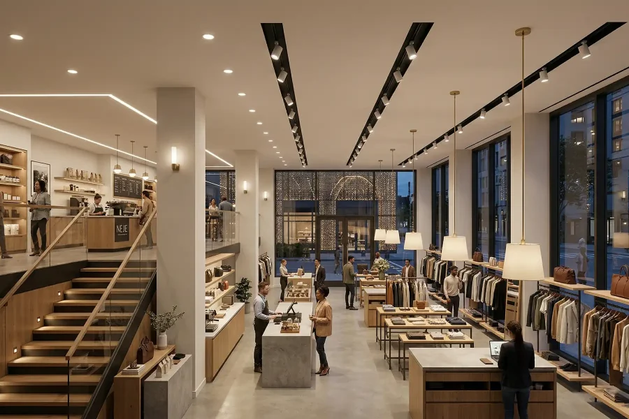Modern retail store interior with professional commercial lighting, track lights, pendant fixtures, and warm ambient lighting enhancing product display and customer experience
