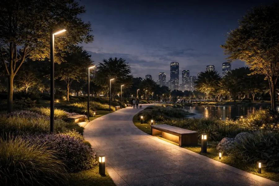 Outdoor landscape lighting with LED bollard lights, street lighting, and architectural illumination in modern urban park environment