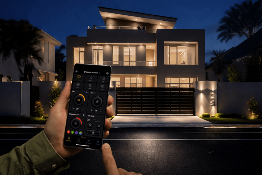 Smart home lighting control with mobile app, automated LED lighting system in modern luxury residential house exterior at night