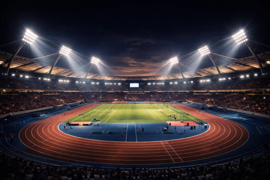 Sports stadium lighting with high mast LED floodlights, uniform illumination, and glare-free lighting for professional sports arenas