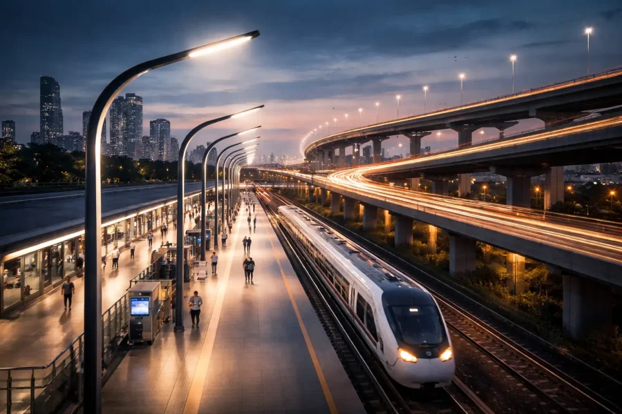 Transit and public lighting in urban metro station with LED street lighting, railway platform illumination, and high-performance infrastructure lighting